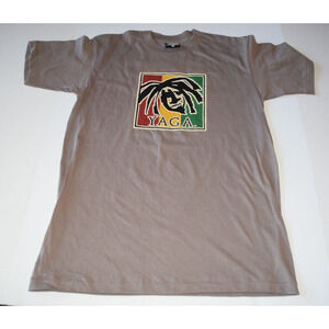 Vintage Yaga T-Shirt Mens M Tan 90s Spellout Surf Skate Rasta Dbl Sided